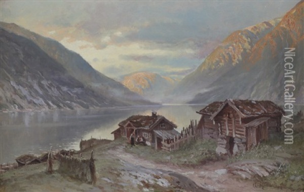 Fjordlandskap Med Gardsbruk Oil Painting - Christian Rummelhoff