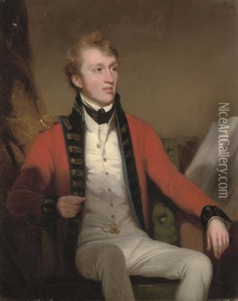 Portrait Of An Officer Of The East India Company In Uniform, Seated Oil Painting - George Chinnery