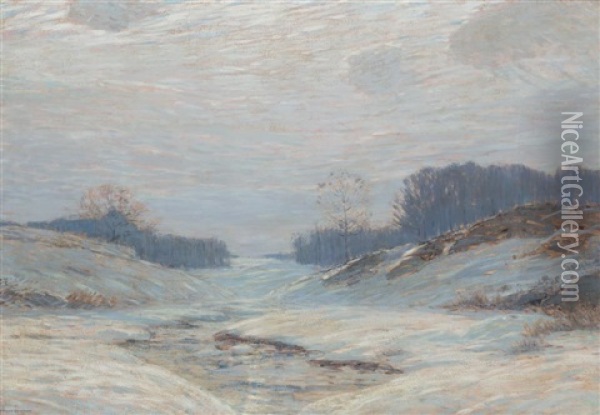 Cold Winter Snow Storm Oil Painting - Leonard Ochtman