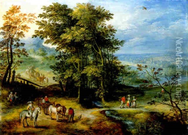 An Extensive Wooded Landscape With Travellers On A Path In The Foreground Oil Painting - Joseph van Bredael