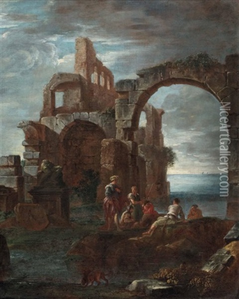 Gesprach Unter Romischen Ruinen Am Meer Oil Painting - Giovanni Paolo Panini