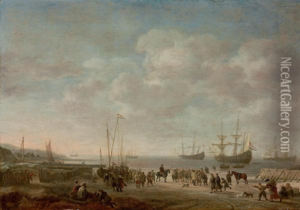 A Beach Scene With Prisoners 
Being Offloaded From Warships Beyond,fishermen In Dunes Nearby Oil Painting - Simon De Vlieger