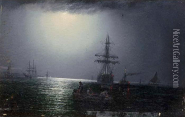 Fishing In The Moonlight; Stormy Seas Oil Painting - William Adolphu Knell