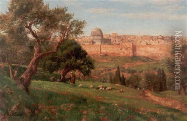 Blick Vom Olberg Auf Jerusalem Mit Dem Felsendom Oil Painting - Georg Macco