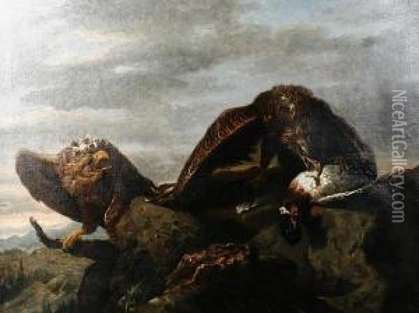 Two Eagles With Their Kill On A Rockyoutcrop Oil Painting - Charles Verlat