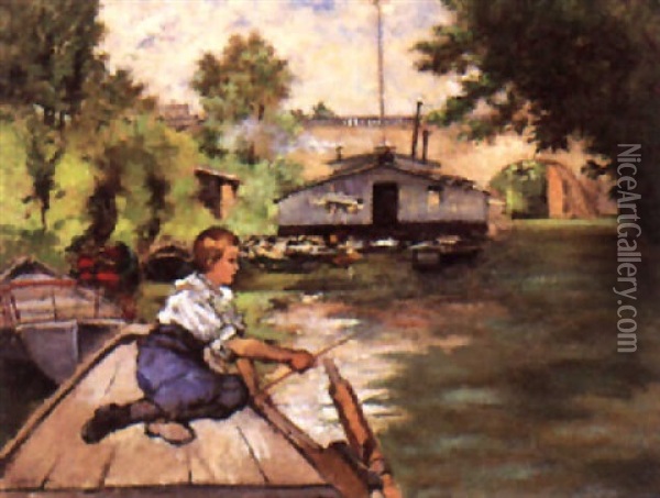 A Young Boy Fishing Oil Painting - Joseph De Camp