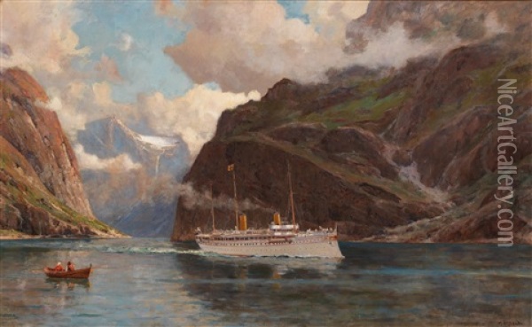Fjord Landscape With Passenger Ship Oil Painting - Henry Enfield