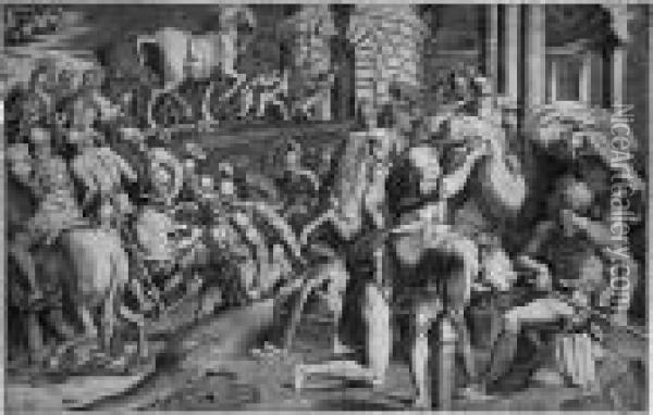 Die Trojaner Bringen Das Holzerne Pferd In Die Stadt Oil Painting - Giulio Bonasone