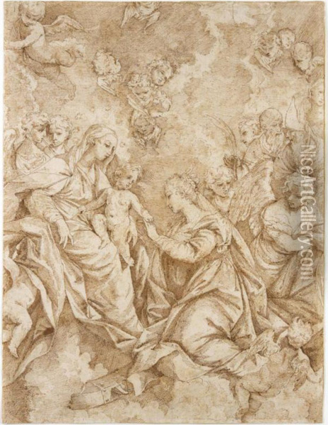 The Mystic Mariage Of St Catherine, After Donato Creti Oil Painting - Domenico Maria Fratta
