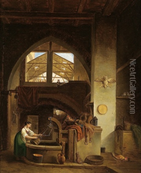 Blick In Einen Innenhof Oil Painting - Pietro Racchetti