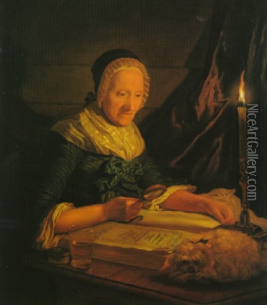 Alte Frau Bei Kerzenlicht In Einer Lutherbibel Lesend Oil Painting - Georges David Mathieu