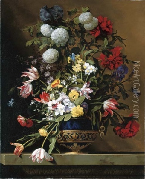 Chrysanthemums, Tulips, Irises, Peonies And Other Flowers In A Lapis Vase With Gilt Ormolu On A Sculpted Stone Ledge Oil Painting - Jean-Michel Picart