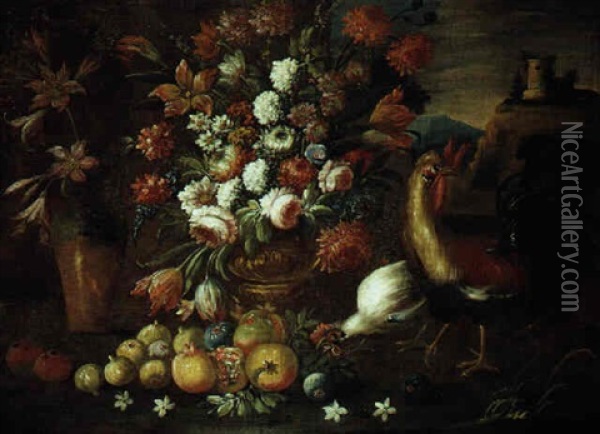 Blumenstraus In Einer Prunkvase, Fruchte Und Huhner In Einer Landschaft Mit Turmruine Oil Painting - Andrea Malinconico