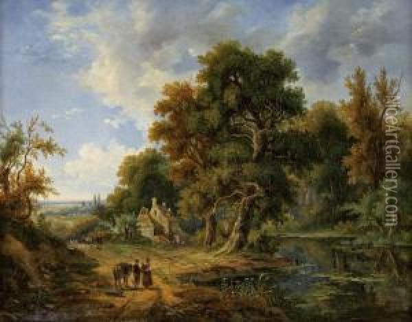 Bewaldete Landschaft Mitsee Und Staffagefiguren Oil Painting - Alfred Jean Marie Paris