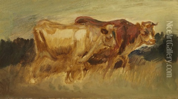 Zwei Kuhe In Landschaft Oil Painting - Wilhelm Busch