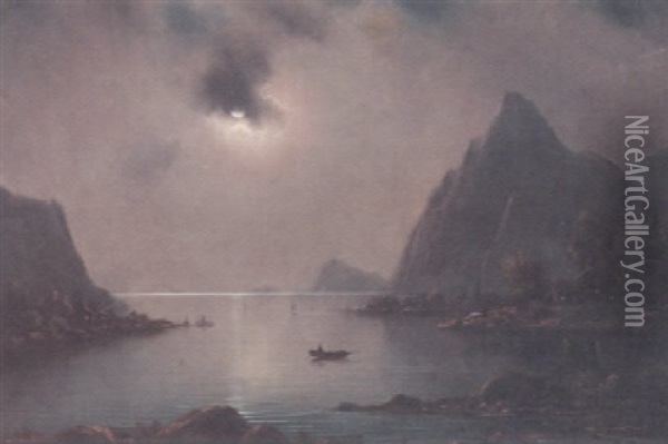 A Fjord Scene At Sunset With Fishing Smacks And A Figure In A Dinghy In The Foreground Oil Painting - Nils Hans Christiansen