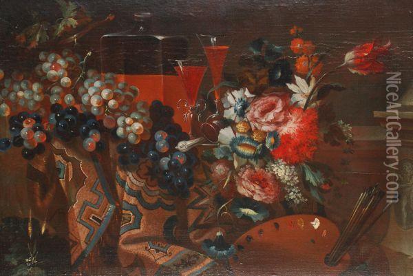 Still Life Of Fruit, Flowers, Goblets And Artist's Palette And Brushes Oil Painting - Cristoforo Munari