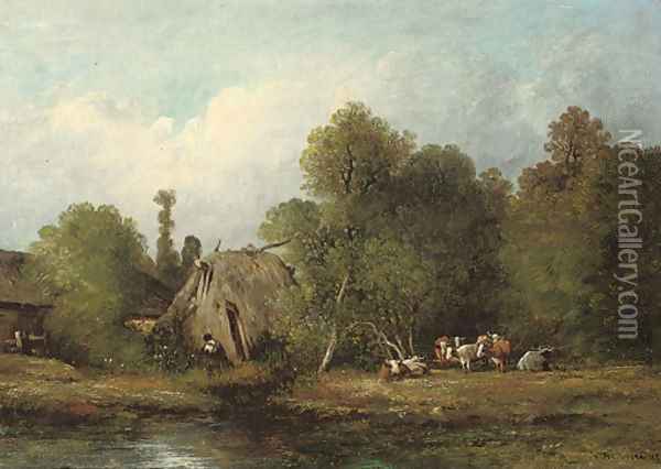 Cattle by a farmstead Oil Painting - Leon Victor Dupre