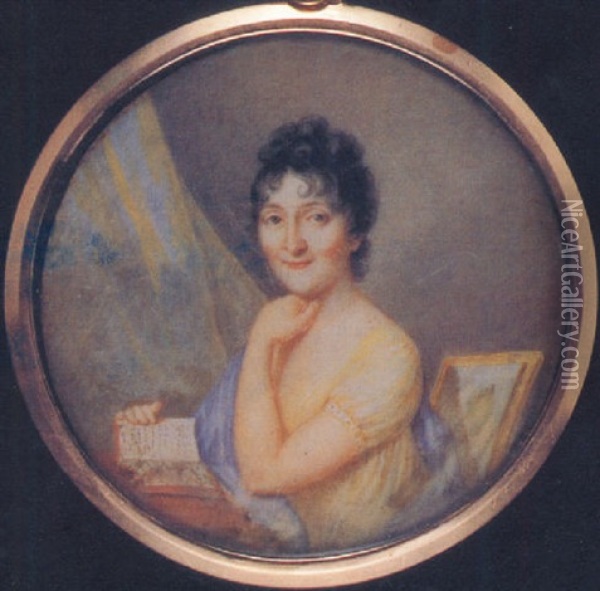 A Lady (frances Gabriella Of Talbot?), Seated At Her Desk, In Yellow Dress, Blue Shawl Over Her Right Shoulder Oil Painting - Karl Gottlieb Schweikart