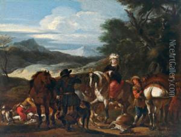 Due Scene Di Caccia In Un Paesaggio Oil Painting - Cornelis de Wael