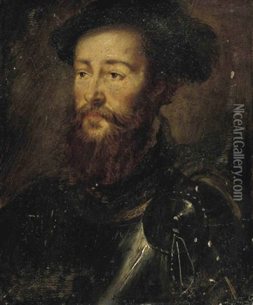 Portrait Of A Bearded Man In A Breast-plate, With A Feathered Cap Oil Painting -  Corneille de Lyon