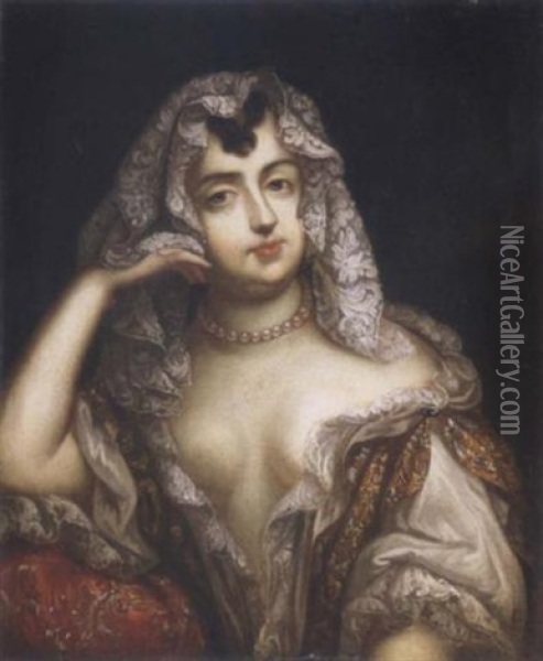 Portrait Of A Lady (barbara Villiers, Countess Of Castelmaine?) Wearing A Lace Dress And Veil Oil Painting - Henri Gascars