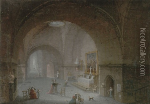 Church Interior With Figures Praying At An Altar Oil Painting - Giuseppe Bernardino Bison