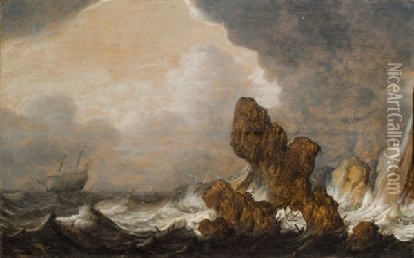 Schiffe Auf Sturmischer See Vor Einer Felsigen Kuste Oil Painting - Pieter Mulier the Elder