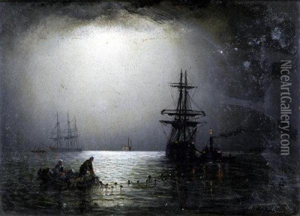 Hauling In The Nets, By Moonlight Oil Painting - Adolphus Knell