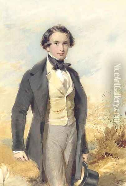Portrait of Jack Donne, three-quarter length, in a black coat and yellow waistcoat Oil Painting - George Richmond