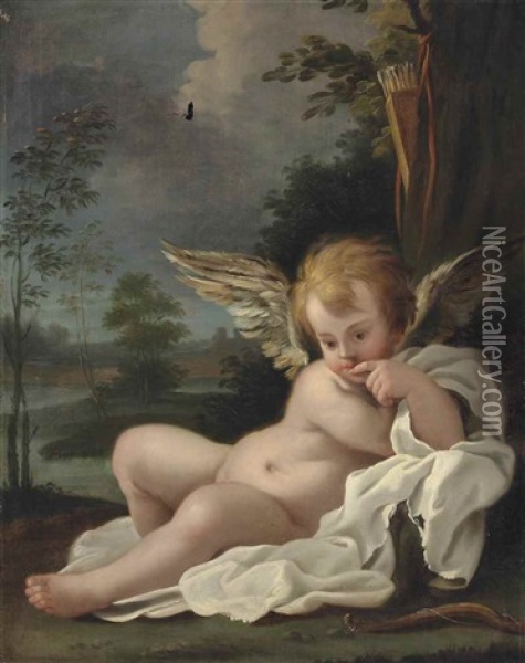 Cupid Reclining In A Landscape Oil Painting - Bartolomeo Schedoni