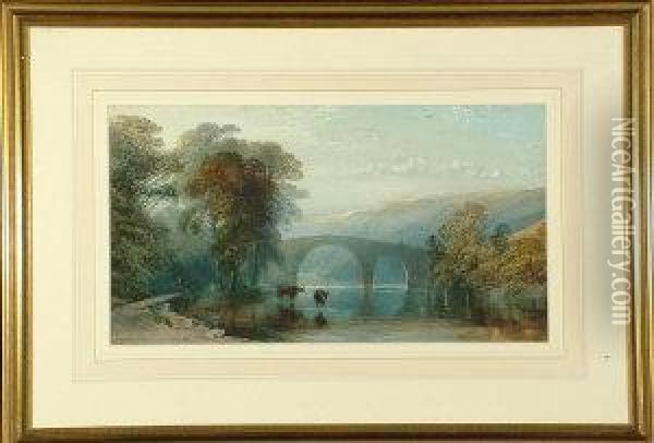 A Broad River Valley With Cattle
 In The Foreground And Figures On A Bridge In The Middle Distance. Oil Painting - William Collingwood Smith