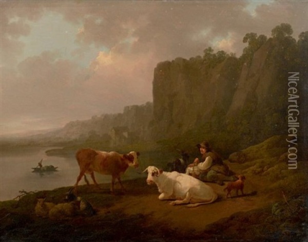 Berger Et Son Troupeau Oil Painting - Julius Caesar Ibbetson