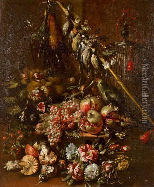 Nature Morte Aux Fleurs, Fruits Et Trophee De Chasse Oil Painting - Giuseppe Vincenzino