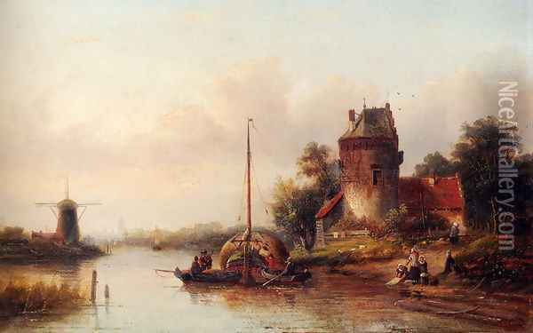 A River Landscape In Summer With A Moored Haybarge By A Fortified Farmhouse Oil Painting - Jan Jacob Coenraad Spohler