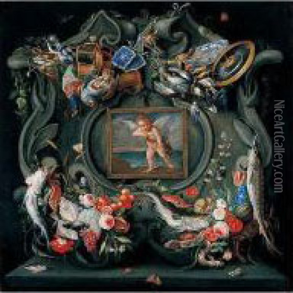 A Cartouche Embellished With 
Fish, Flowers, Fruit, Game, Armour, Hunting Equipment And Other Objects,
 Encircling A Framed Picture Of Cupid Oil Painting - Jan van Kessel