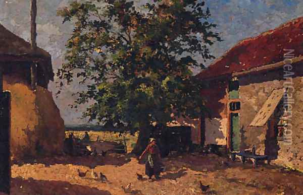 Feeding The Chickens In A Farmyard Oil Painting - Mihaly Munkacsy