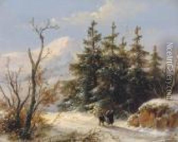 Wanderers On A Snow-covered Path Oil Painting - Andreas Schelfhout