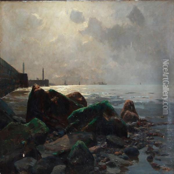 Coastal Scene With A View To A Harbour Oil Painting - Erwin Carl Wilhelm Gunther