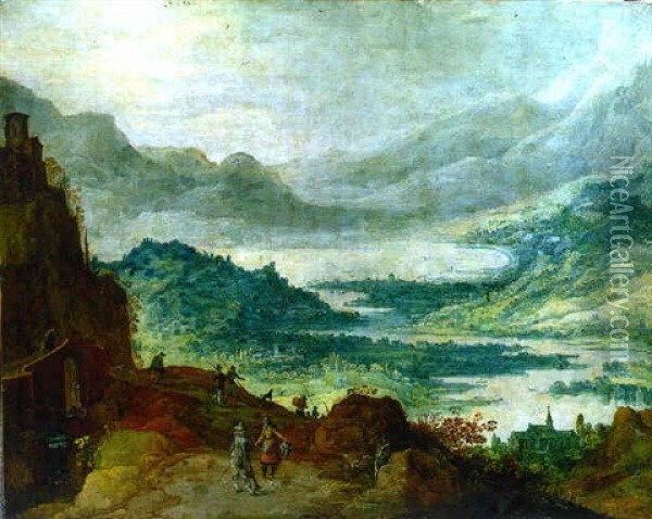 An Extensive Mountainous Landscape With Huntsmen And Travellers On A Path Overlooking A River Valley Oil Painting - Joos de Momper the Younger