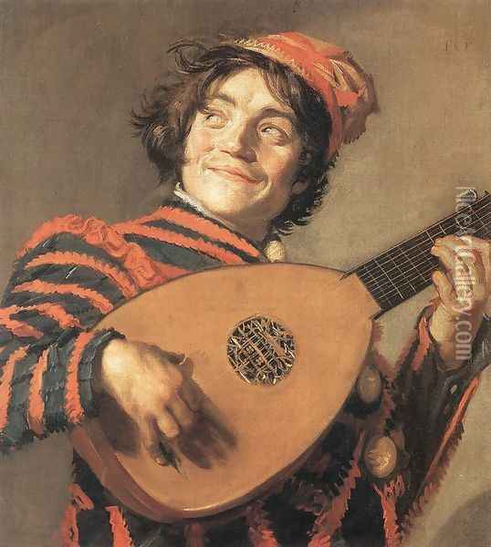 Buffoon Playing a Lute c. 1623 Oil Painting - Frans Hals