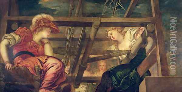 Athene and Arachne, c.1475-85 Oil Painting - Jacopo Tintoretto (Robusti)