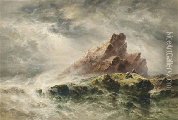 Fishermen On The Rocks Near L'etacq, Jersey Oil Painting - Sarah Louise Kilpack