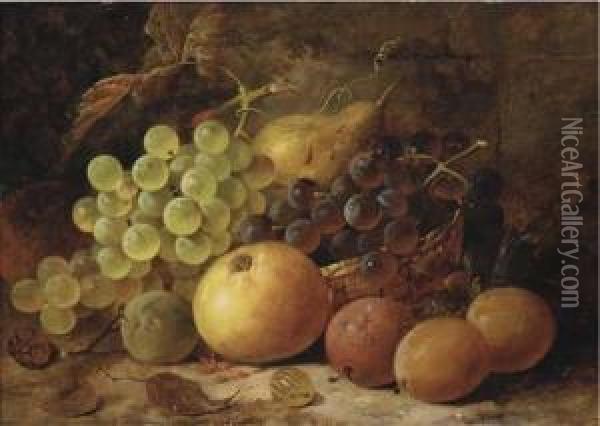 Grapes, Plums, With An Apple, Pear And Raspberry On A Bank Oil Painting - James Poulton