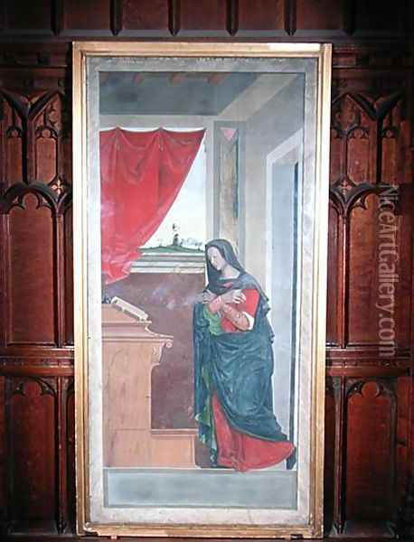 Virgin Annunciate, annunciation panel originally forming one of the outside shutters of the organ in San Bartolomeo, Vicenza Oil Painting - Giovanni de' Vajenti Speranza
