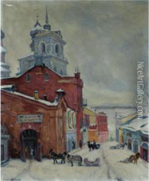 Russian Street In Winter Oil Painting - Arnold Borisovic Lakowskij