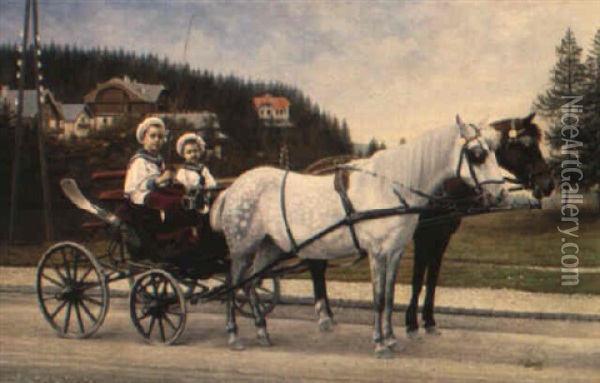 Young Boys In A Horsedrawn Carriage Oil Painting - Karl Buchta