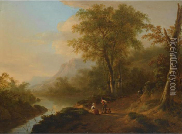 Travellers In A River Landscape Oil Painting - Lievine Teerlink