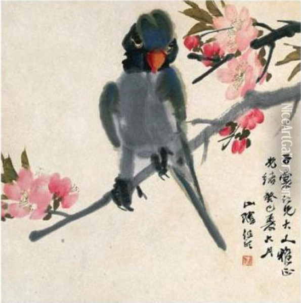 Parrot Perching On A Flowering Branch Oil Painting - Ren Yi