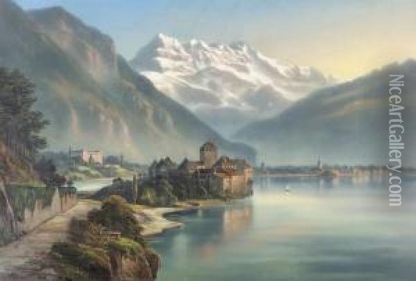 Chateau De Chillon. Oil Painting - Rudolph Weinmann
